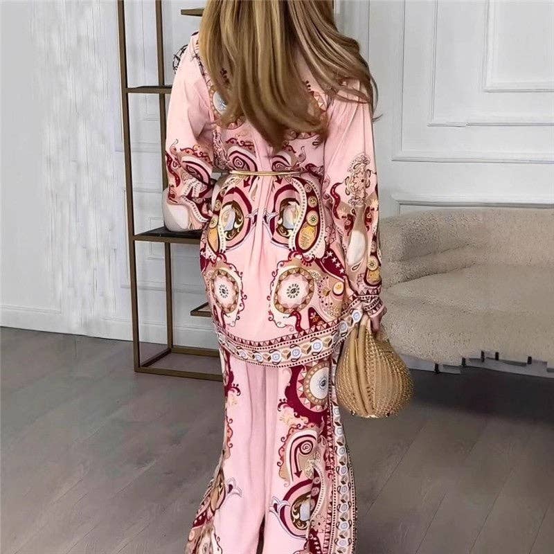 Stylish Graffiti Print Shirt & Pants 2-Piece Set: PINK / XL