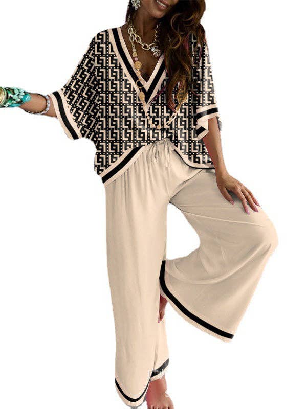 Urban Loose Printed V-Neck T-Shirts Tops& Drawstring Wide Leg Pants Suits: KHAKI / XL