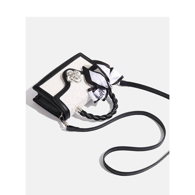 Faux Leather Flap Jacquard Handbag: WHITE