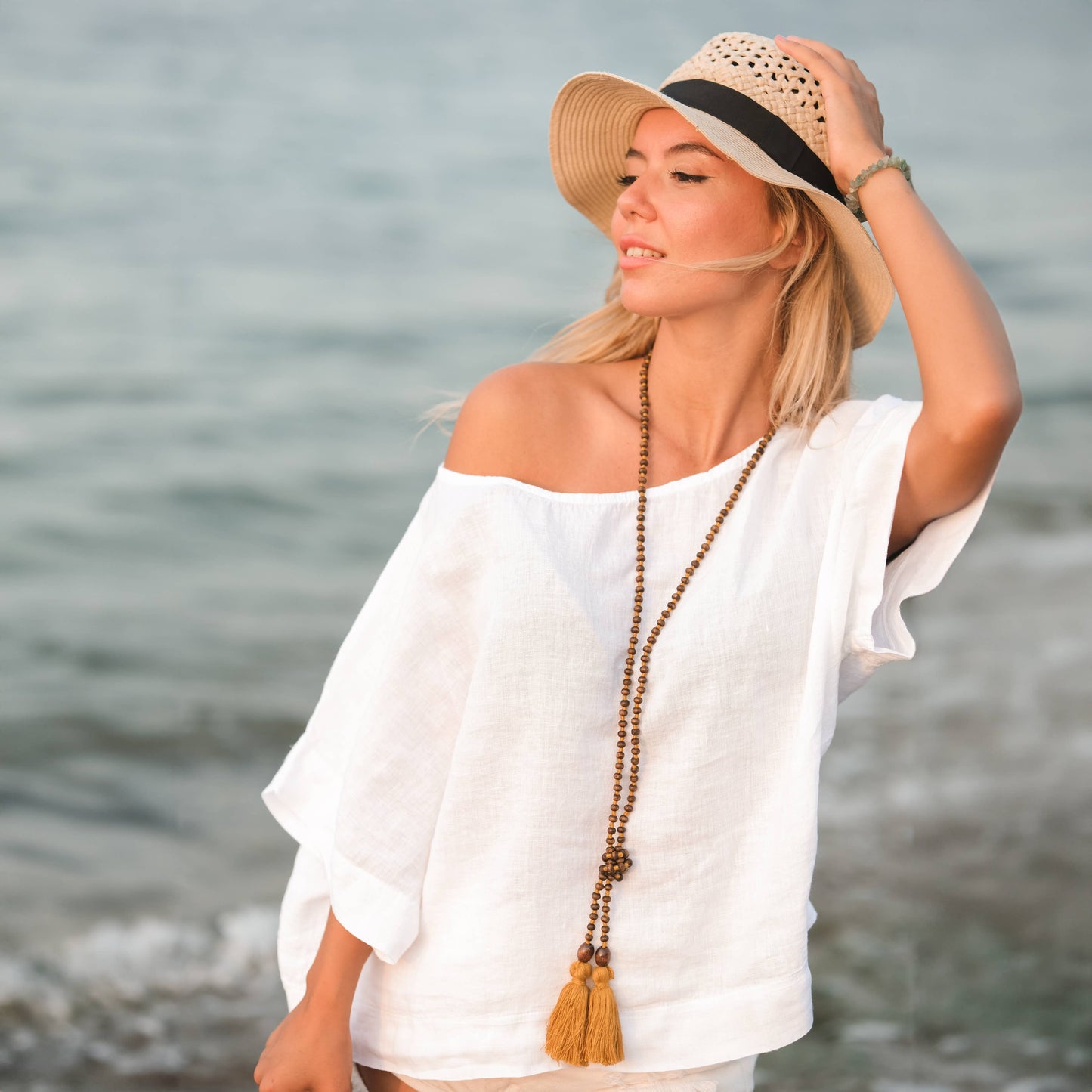 Pure Linen White Top: Light Brown