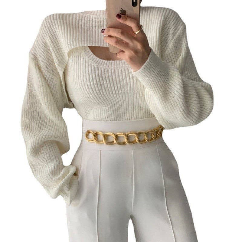 Knitted Vest And Short Cardigan Set For Elegant Style: WHITE / One_size