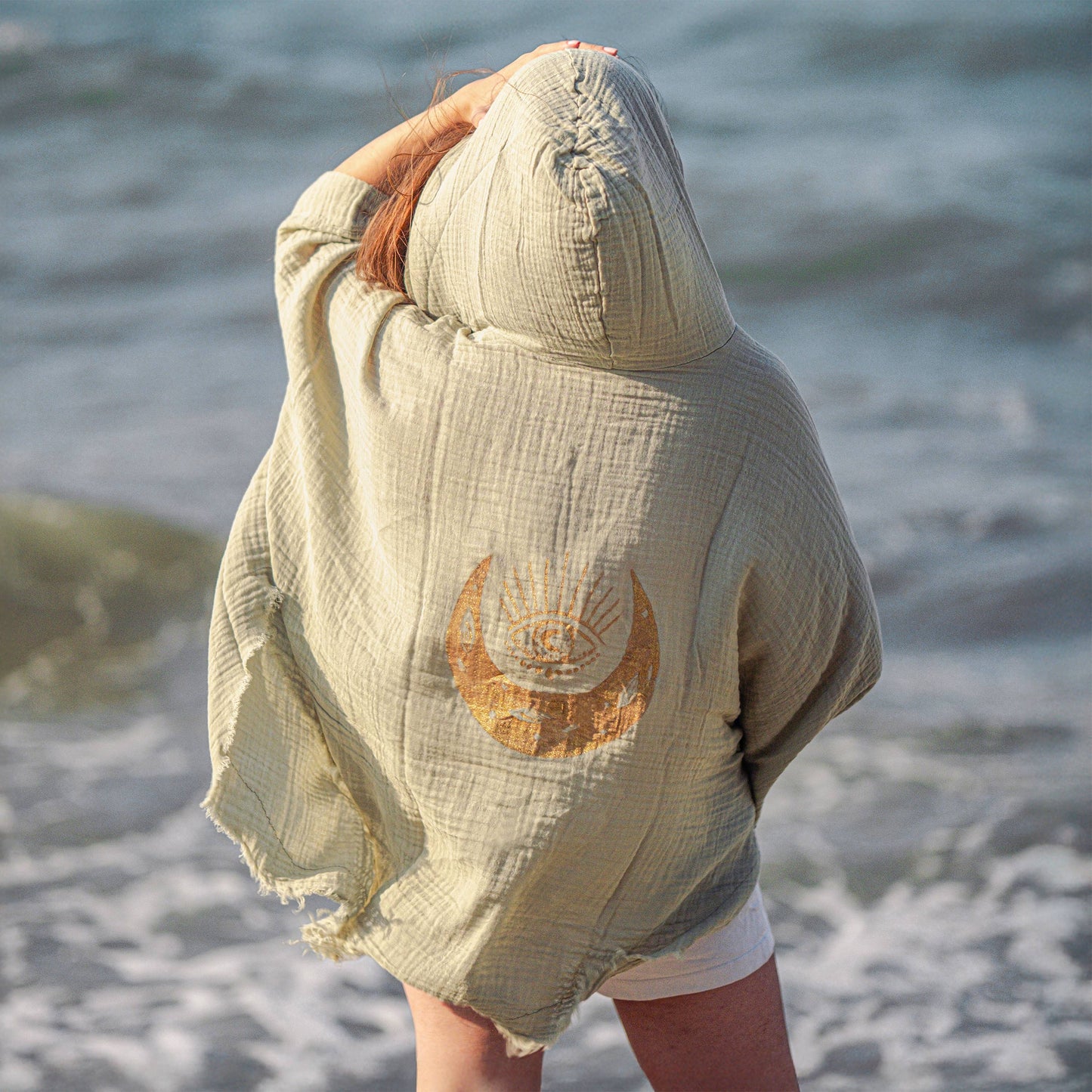 Evil Eye and Moon Double Gauze White Hooded Robe : Sage Green