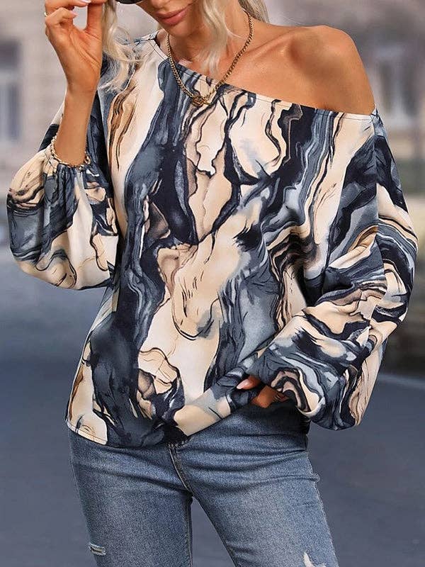 Long Sleeves Loose Asymmetric Printed One-Shoulder Blouses&Shirts Tops: BLUE / L