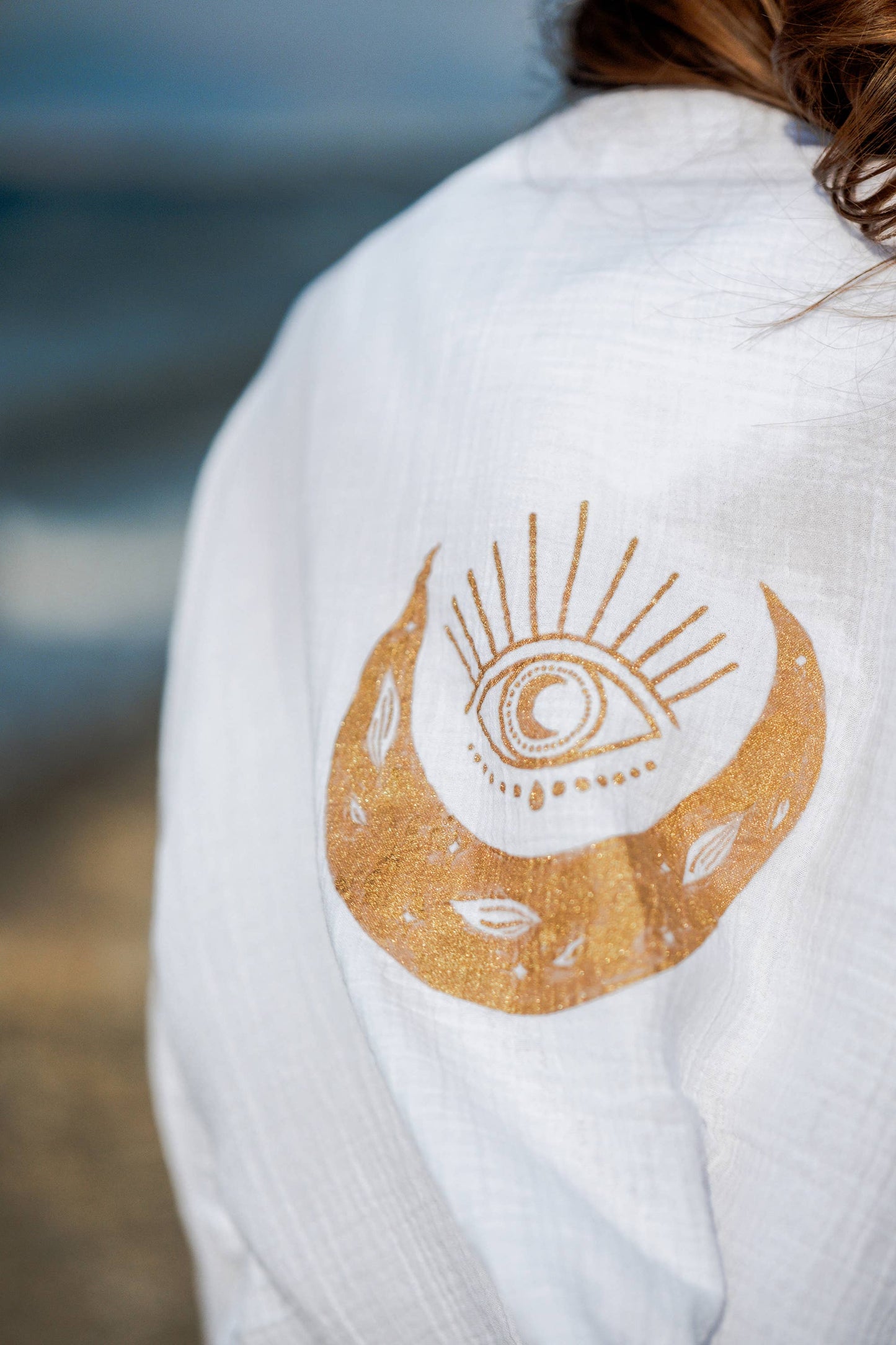 Evil Eye and Moon Double Gauze White Hooded Robe : Sage Green