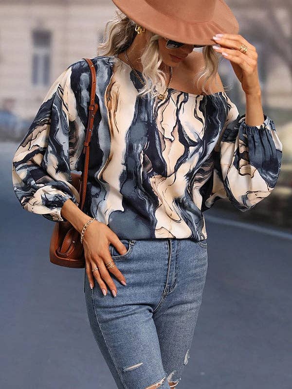 Long Sleeves Loose Asymmetric Printed One-Shoulder Blouses&Shirts Tops: GREEN / M