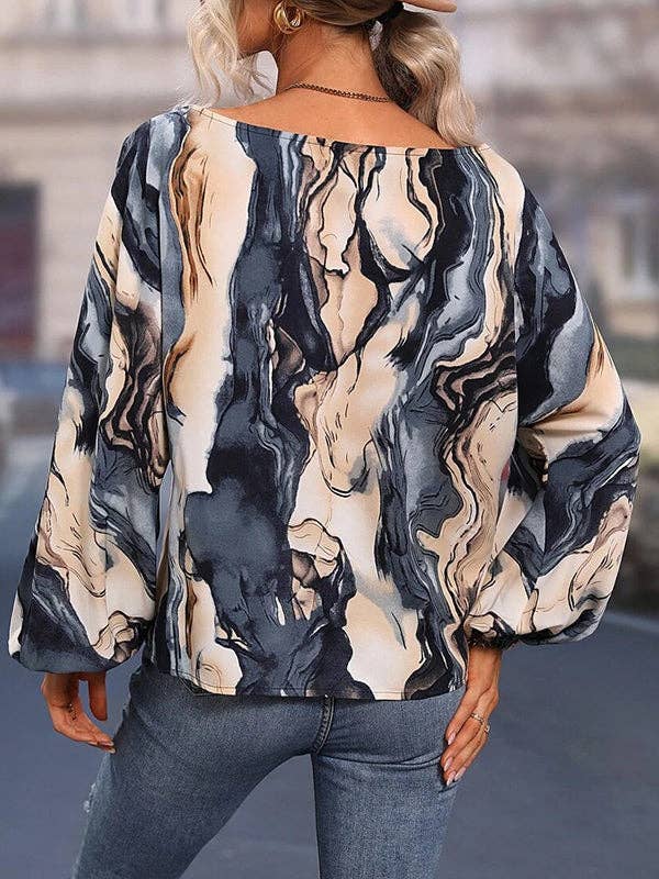 Long Sleeves Loose Asymmetric Printed One-Shoulder Blouses&Shirts Tops: BLUE / M