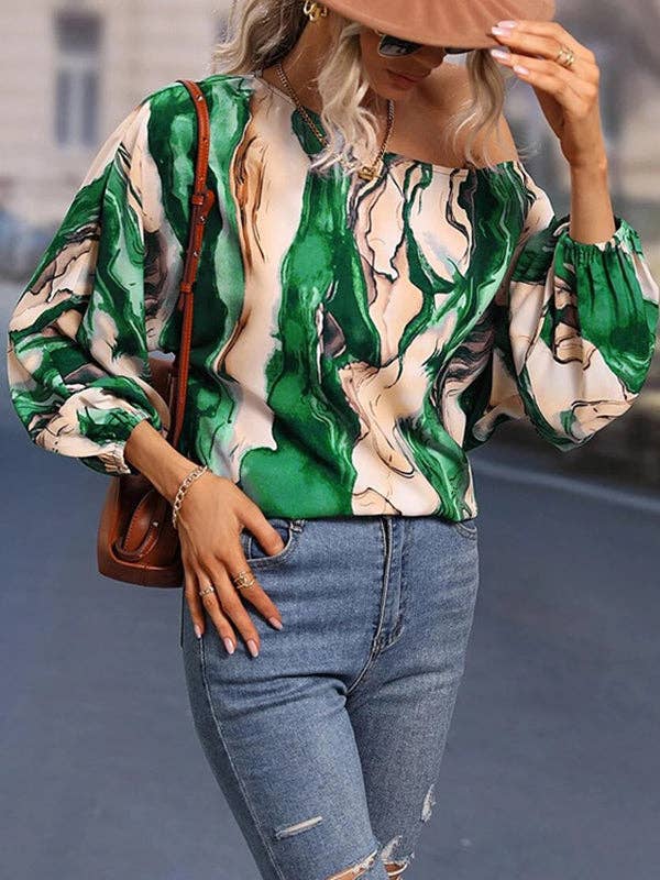 Long Sleeves Loose Asymmetric Printed One-Shoulder Blouses&Shirts Tops: GREEN / XL