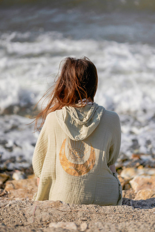 Evil Eye and Moon Double Gauze White Hooded Robe : Sage Green