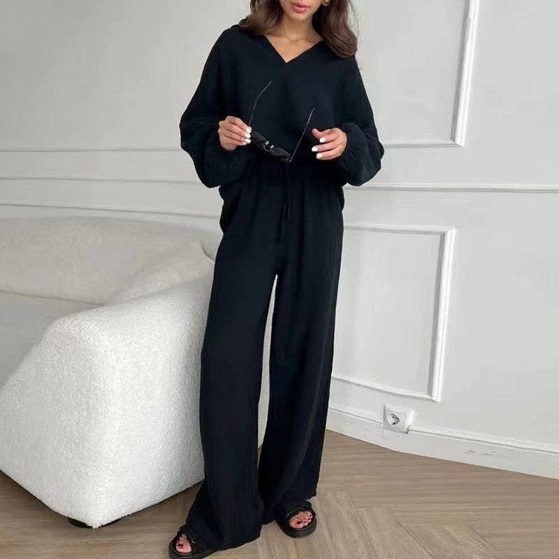 Solid Color Long Sleeve Lapel Blouse and Pants Set: BLACK / L