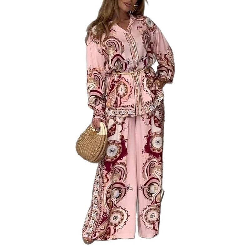 Stylish Graffiti Print Shirt & Pants 2-Piece Set: PINK / L