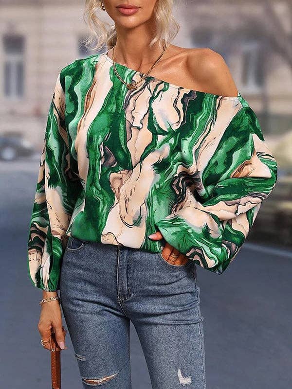 Long Sleeves Loose Asymmetric Printed One-Shoulder Blouses&Shirts Tops: BLUE / M