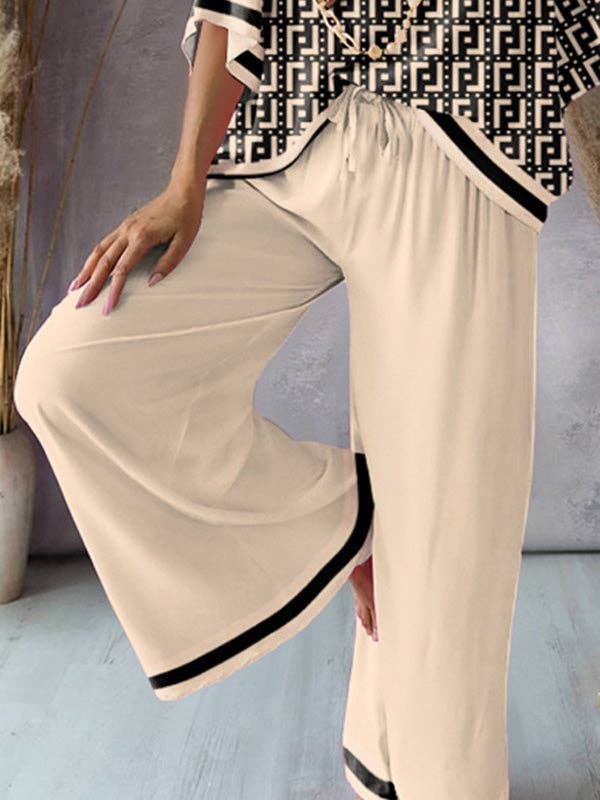 Urban Loose Printed V-Neck T-Shirts Tops& Drawstring Wide Leg Pants Suits: KHAKI / XL