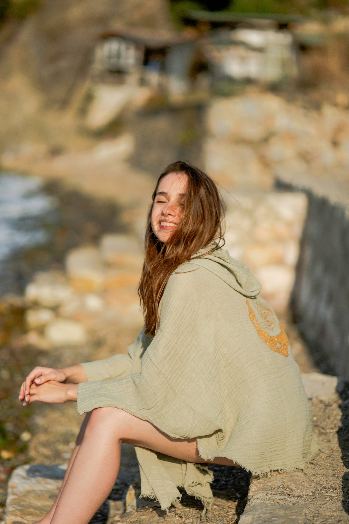 Evil Eye and Moon Double Gauze White Hooded Robe : Sage Green
