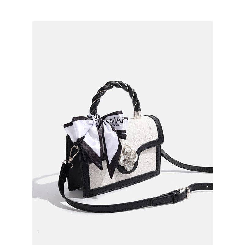 Faux Leather Flap Jacquard Handbag: WHITE