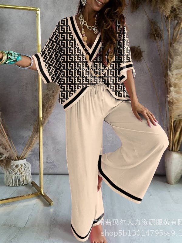 Urban Loose Printed V-Neck T-Shirts Tops& Drawstring Wide Leg Pants Suits: KHAKI / XL