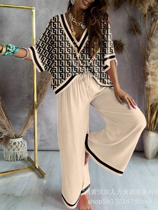 Urban Loose Printed V-Neck T-Shirts Tops& Drawstring Wide Leg Pants Suits: KHAKI / XL