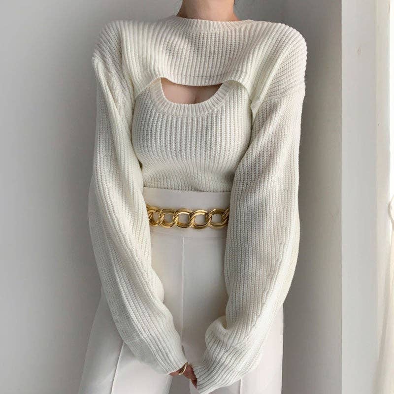 Knitted Vest And Short Cardigan Set For Elegant Style: WHITE / One_size