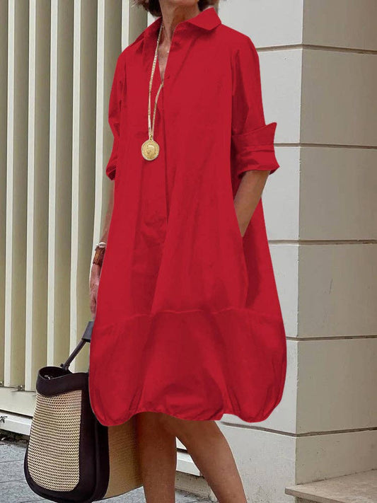 Long Sleeves Loose Solid Color Lapel Collar Mini Dresses: Red