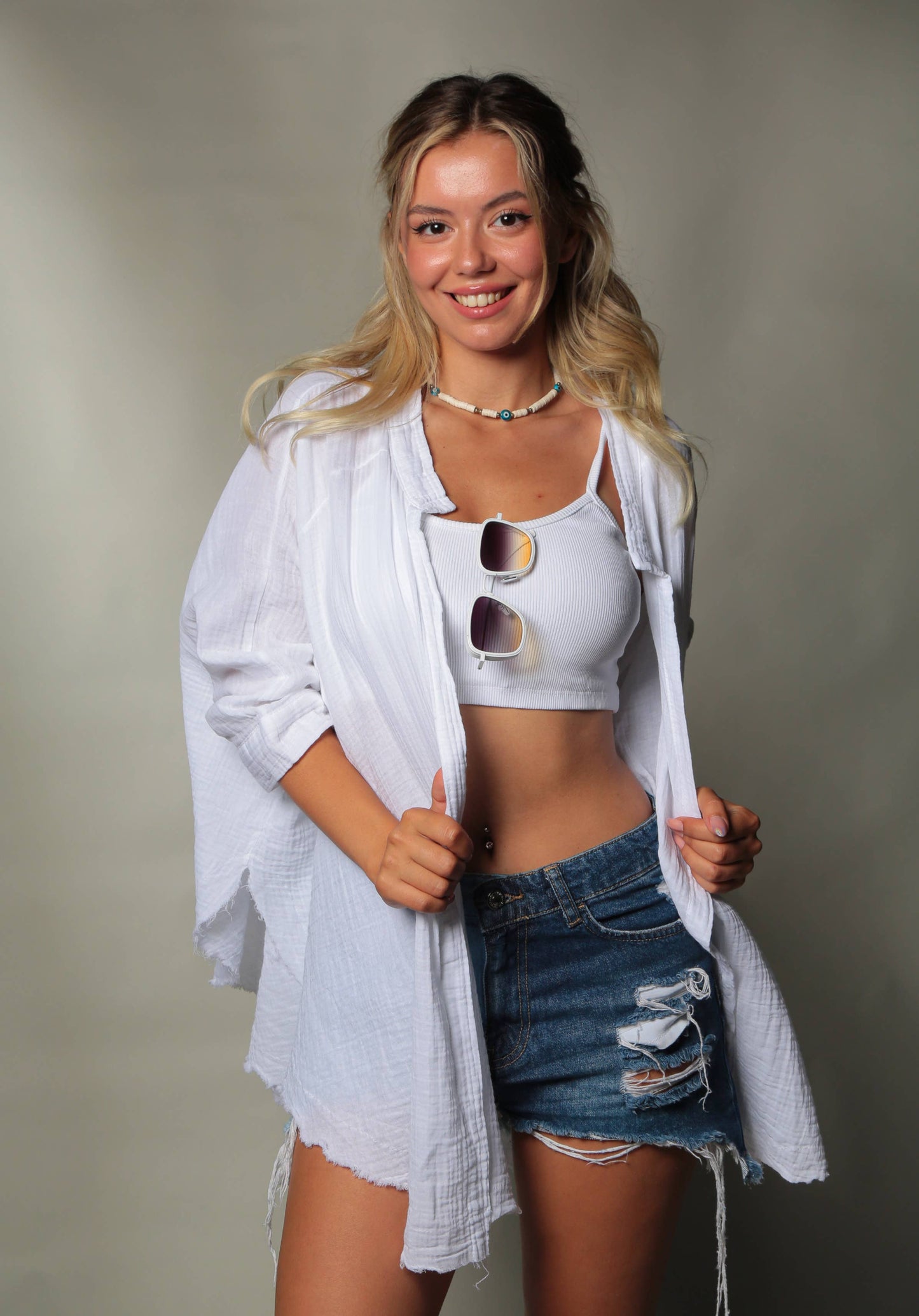 Double Layer White Muslin Cardigan Jacket