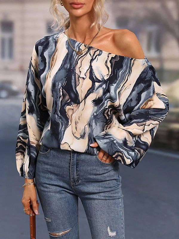 Long Sleeves Loose Asymmetric Printed One-Shoulder Blouses&Shirts Tops: BLUE / M