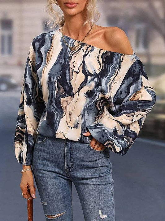 Long Sleeves Loose Asymmetric Printed One-Shoulder Blouses&Shirts Tops: BLUE / XL