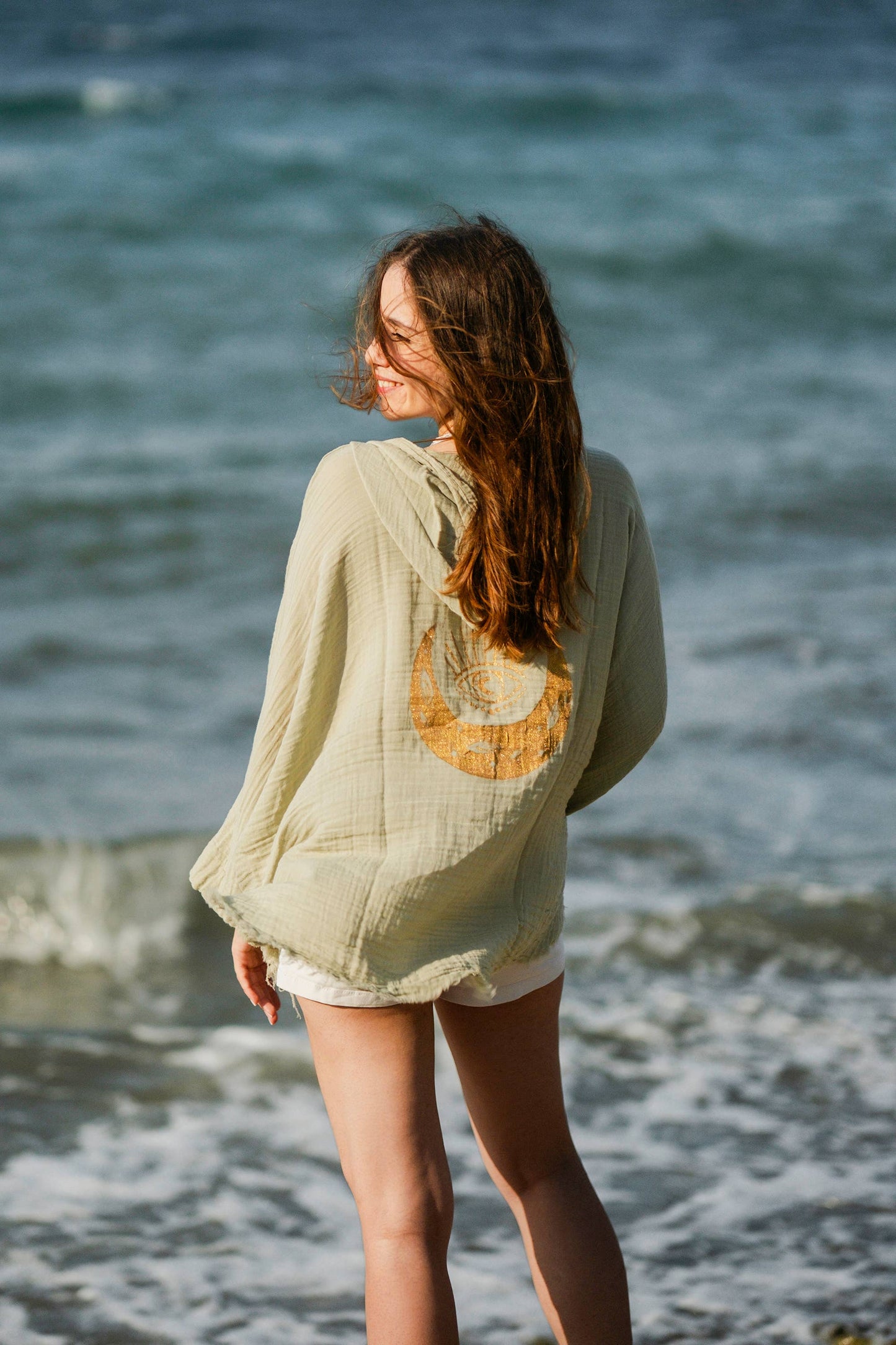 Evil Eye and Moon Double Gauze White Hooded Robe : Sage Green