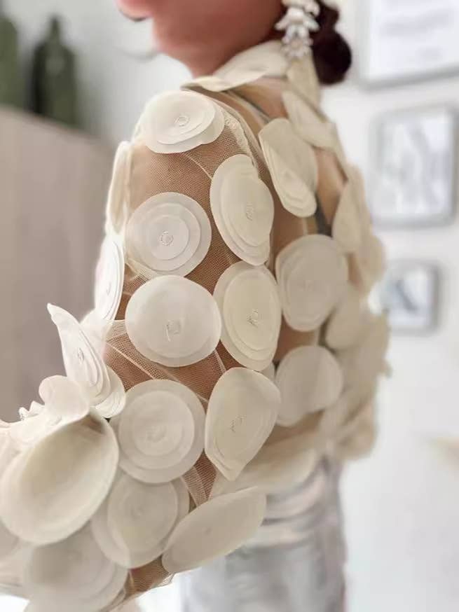 Sheer Mesh Embroidered Long Sleeve Shirt: XL