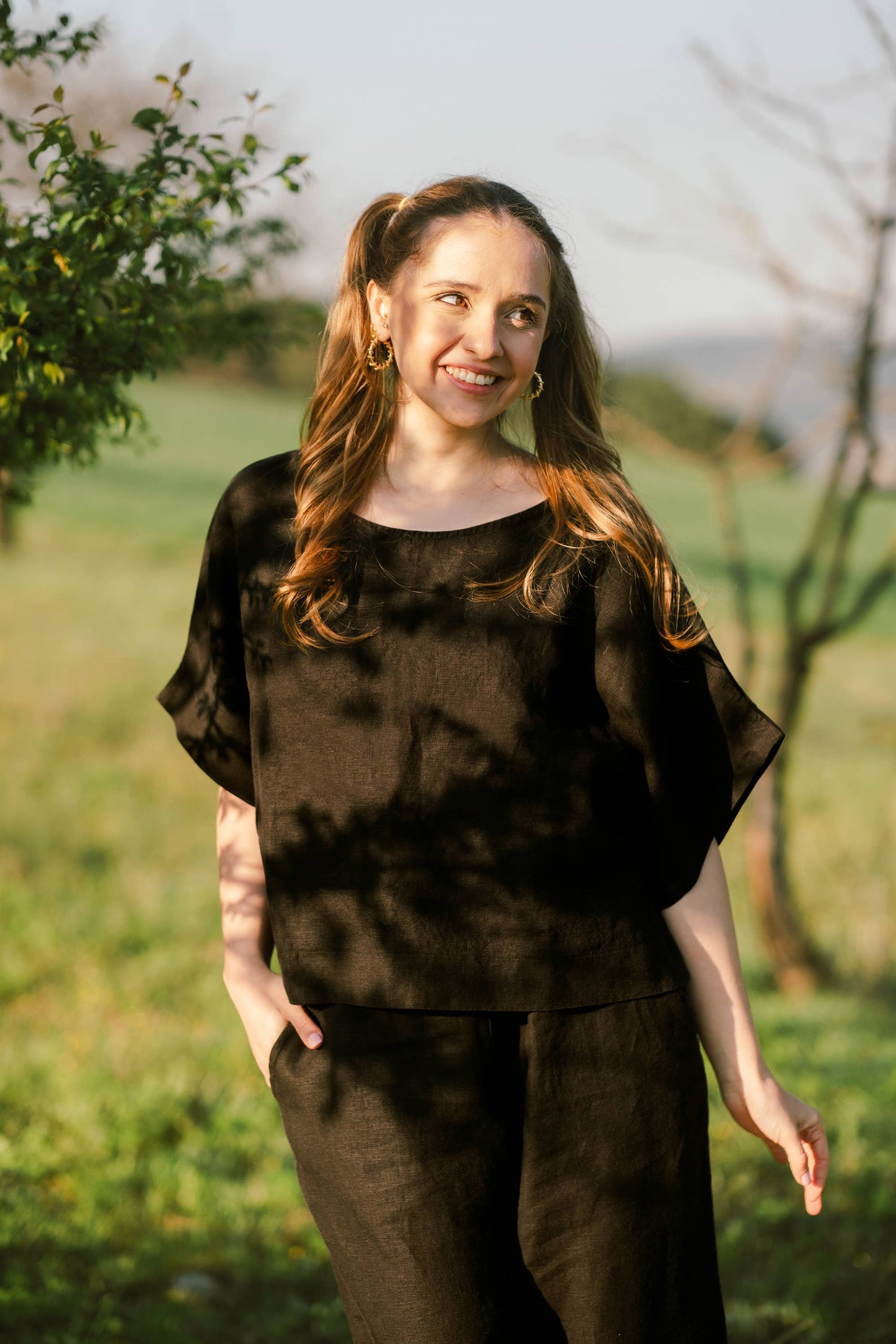 Pure Linen White Top: Light Brown