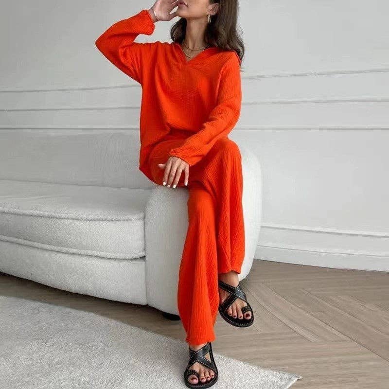 Solid Color Long Sleeve Lapel Blouse and Pants Set: ORANGE RED / L