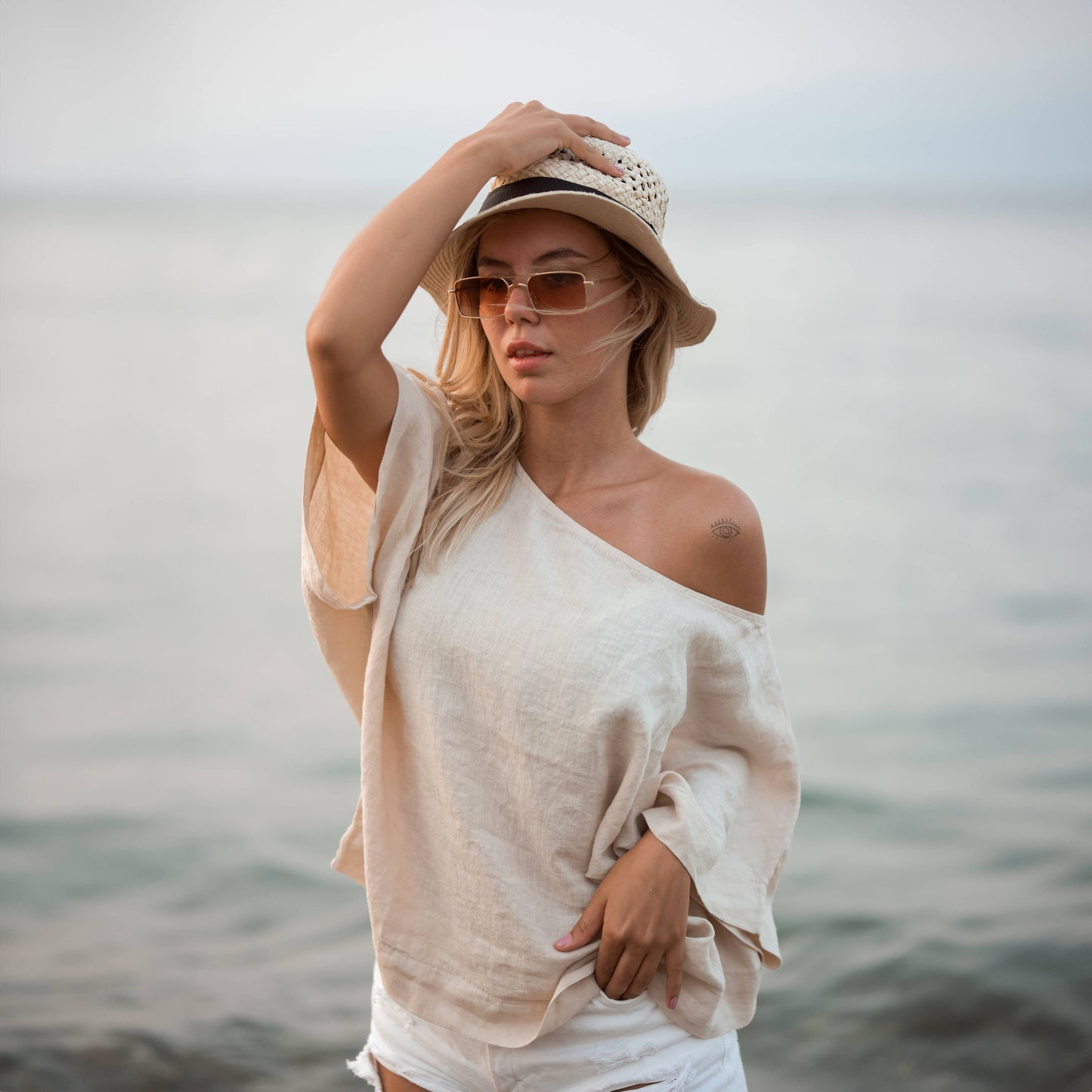 Pure Linen White Top: Light Brown