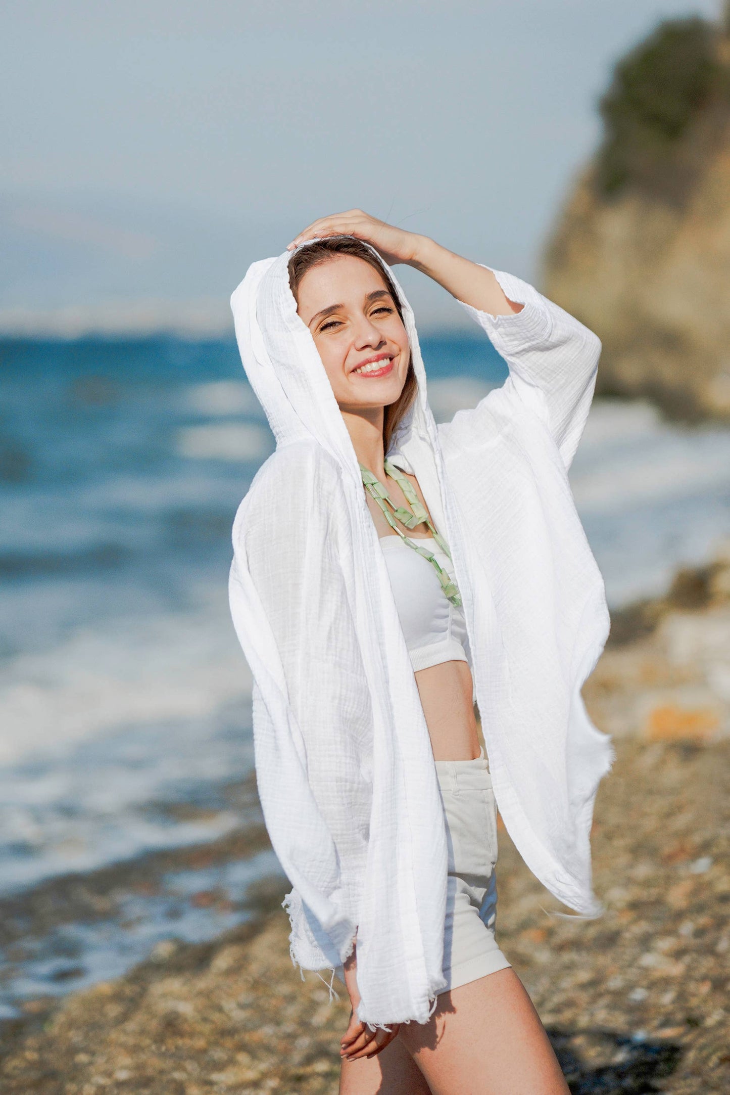 Evil Eye and Moon Double Gauze White Hooded Robe : Sage Green