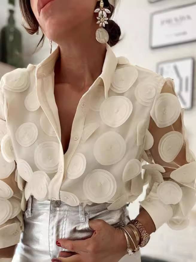 Sheer Mesh Embroidered Long Sleeve Shirt: M