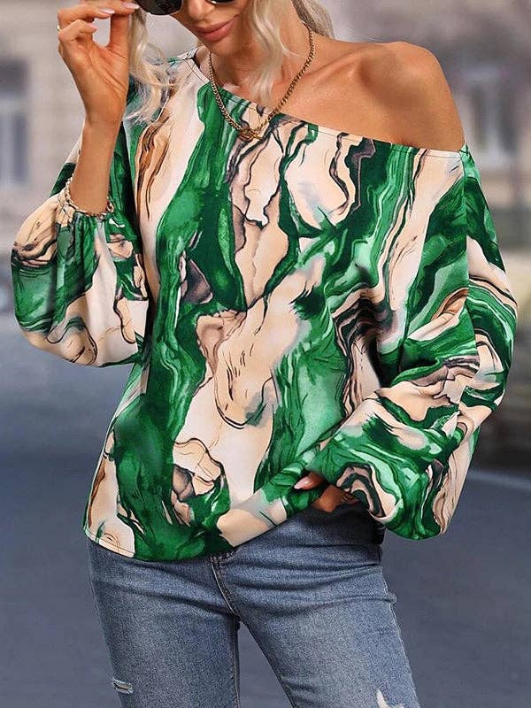 Long Sleeves Loose Asymmetric Printed One-Shoulder Blouses&Shirts Tops: BLUE / XL