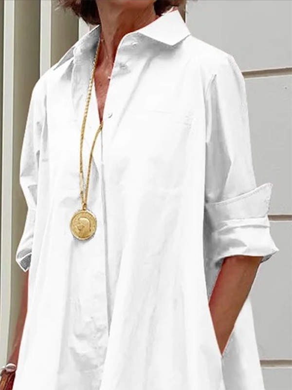 Long Sleeves Loose Solid Color Lapel Collar Mini Dresses: WHITE