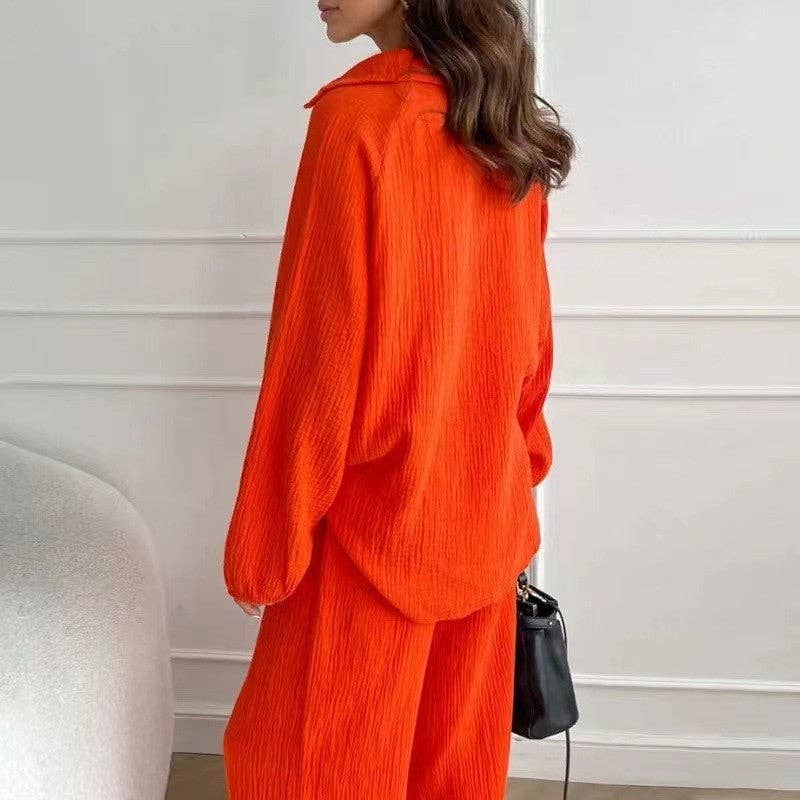 Solid Color Long Sleeve Lapel Blouse and Pants Set: BLACK / L