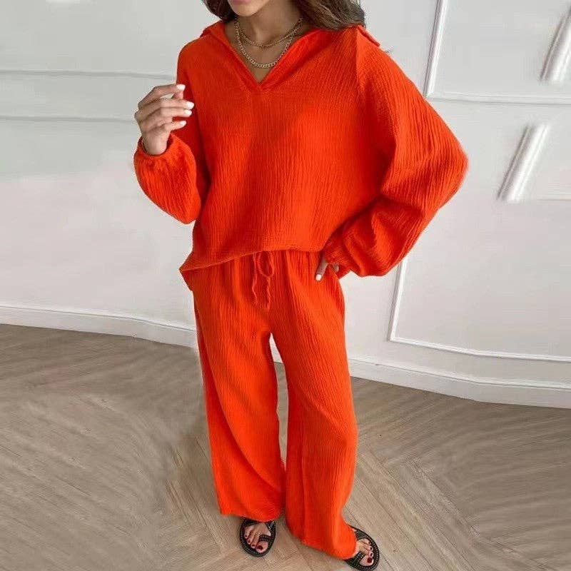 Solid Color Long Sleeve Lapel Blouse and Pants Set: ORANGE RED / L