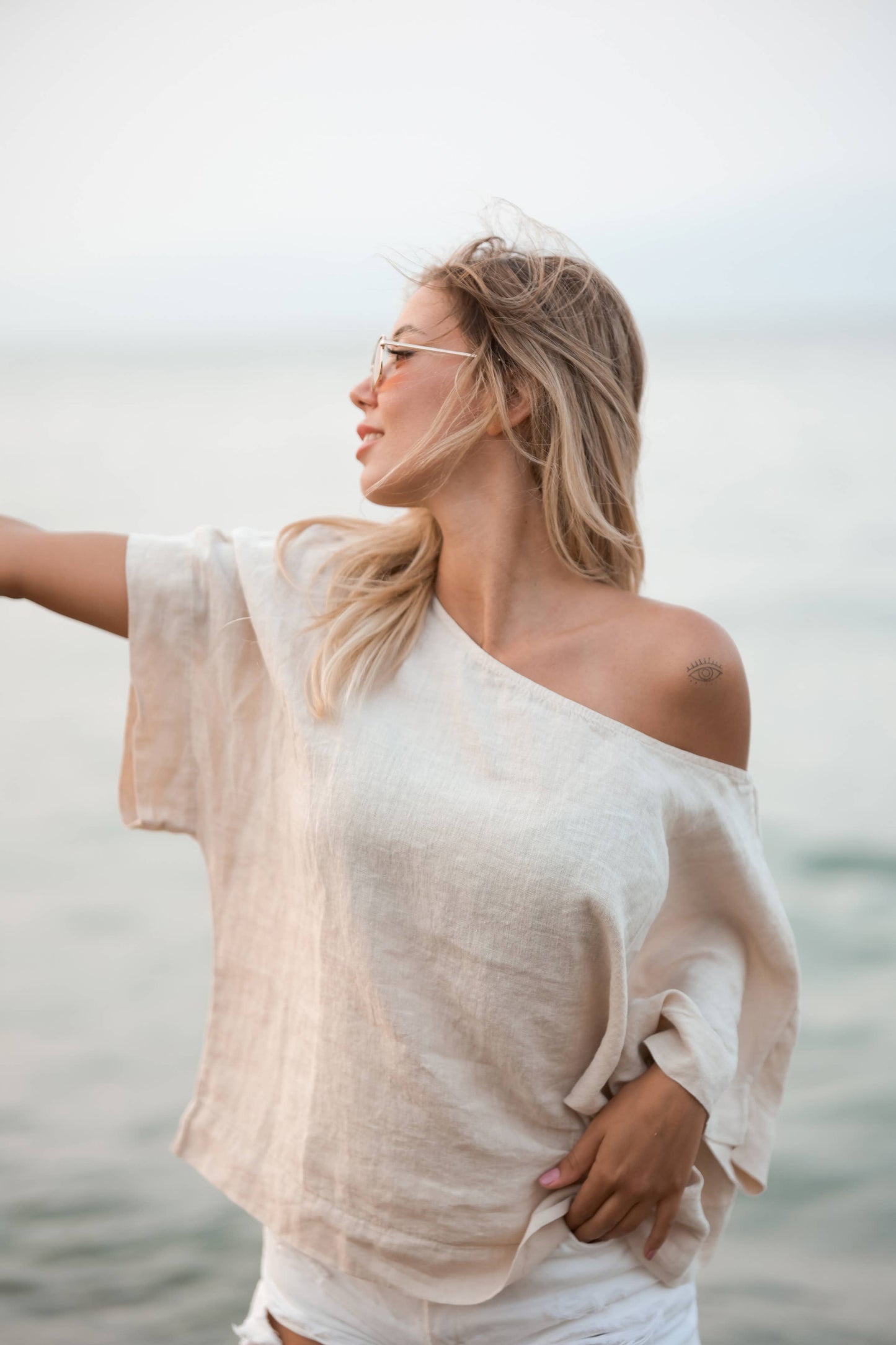 Pure Linen White Top: Light Brown