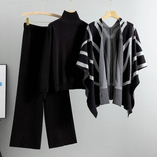 Three-Piece Knit Sweater Shawl Poncho Wide-Leg Pants: BLACK / One_size