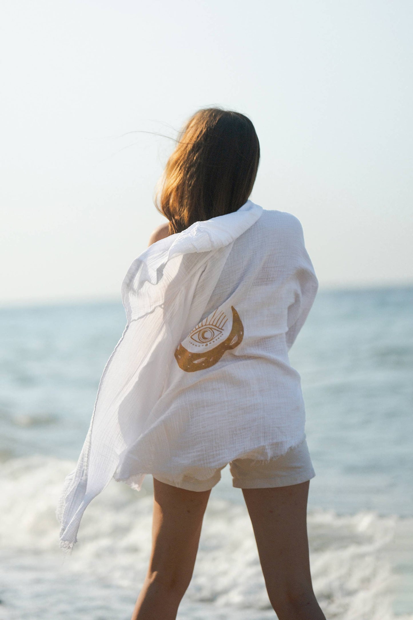 Evil Eye and Moon Double Gauze White Hooded Robe : Sage Green