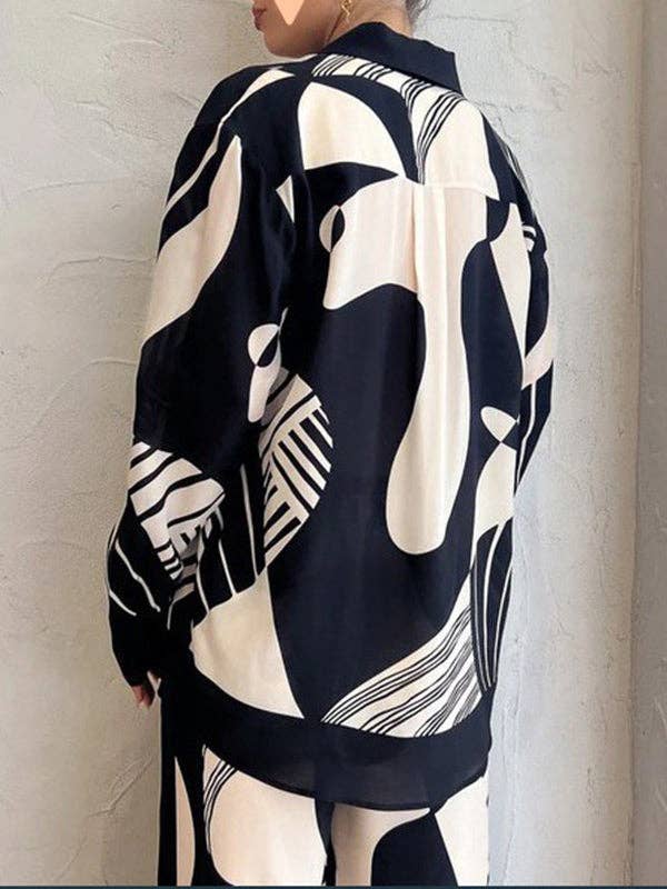 Long Sleeves Loose Pockets Printed Blouses&Pant Set: BLACK / XL