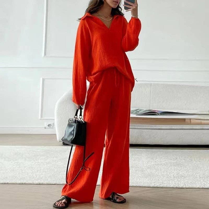 Solid Color Long Sleeve Lapel Blouse and Pants Set: BLACK / L