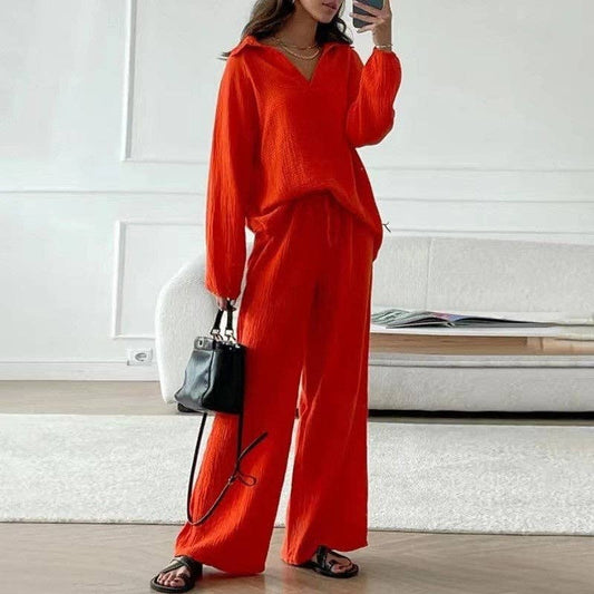 Solid Color Long Sleeve Lapel Blouse and Pants Set: ORANGE RED / L