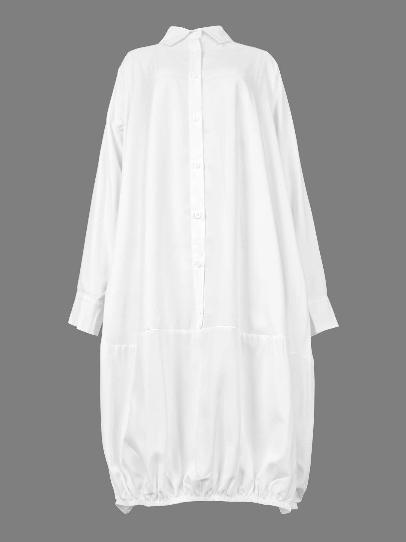 Long Sleeves Loose Solid Color Lapel Collar Mini Dresses: WHITE