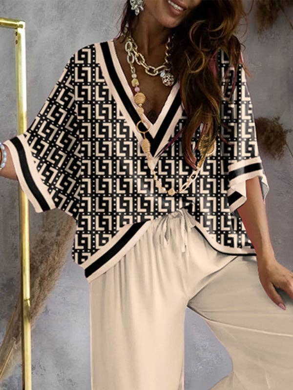 Urban Loose Printed V-Neck T-Shirts Tops& Drawstring Wide Leg Pants Suits: KHAKI / XL