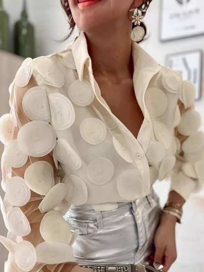 Sheer Mesh Embroidered Long Sleeve Shirt: L