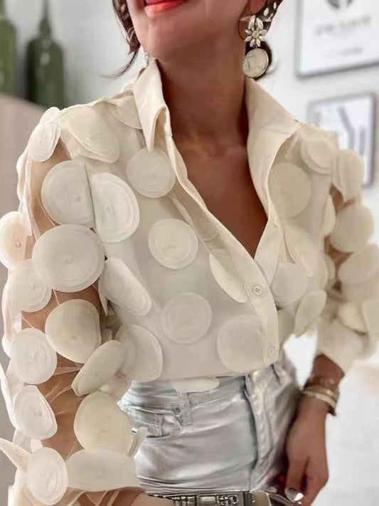 Sheer Mesh Embroidered Long Sleeve Shirt: L