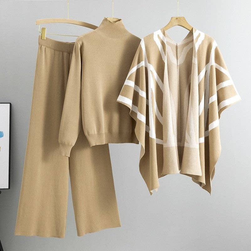 Three-Piece Knit Sweater Shawl Poncho Wide-Leg Pants: BLACK / One_size