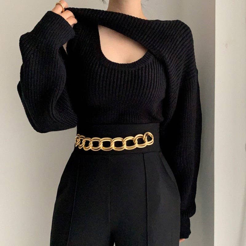 Knitted Vest And Short Cardigan Set For Elegant Style: BLACK / One_size