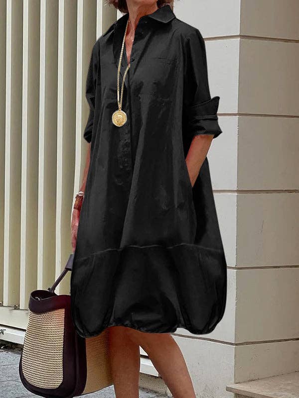 Long Sleeves Loose Solid Color Lapel Collar Mini Dresses: BLACK