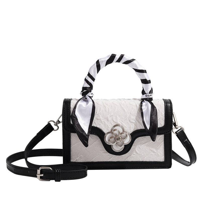 Faux Leather Flap Jacquard Handbag: WHITE